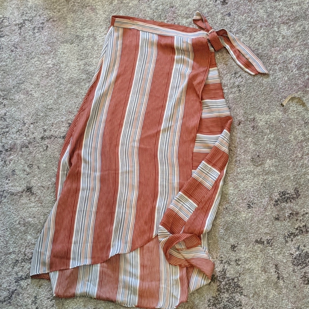 Red and grey striped wrap maxi skirt